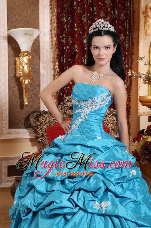 wholesale aqua blue ball gown strapless floor-length taffeta appliques quinceanera dress