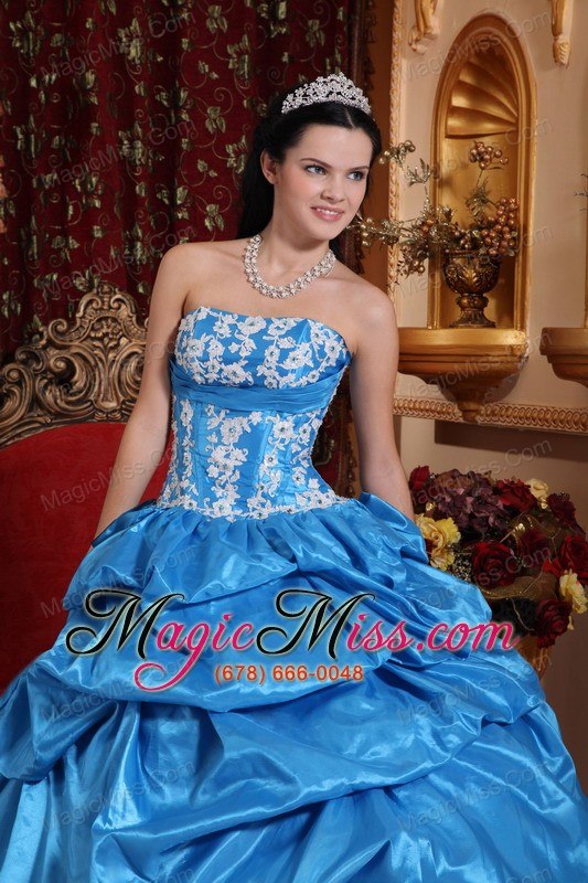 wholesale baby blue ball gown strapless floor-length taffeta appliques quinceanera dress