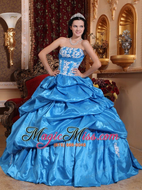 wholesale baby blue ball gown strapless floor-length taffeta appliques quinceanera dress