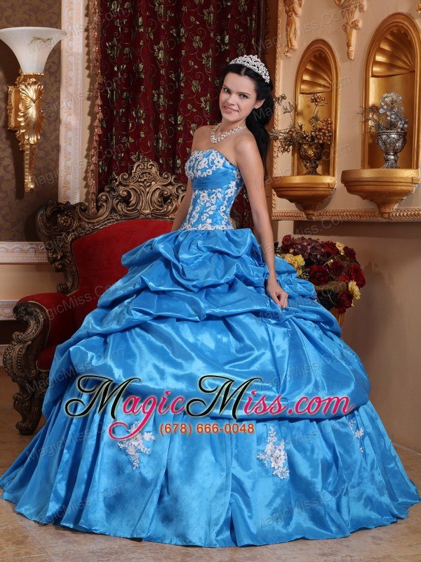 wholesale baby blue ball gown strapless floor-length taffeta appliques quinceanera dress