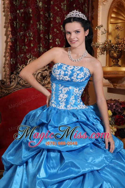 wholesale baby blue ball gown strapless floor-length taffeta appliques quinceanera dress