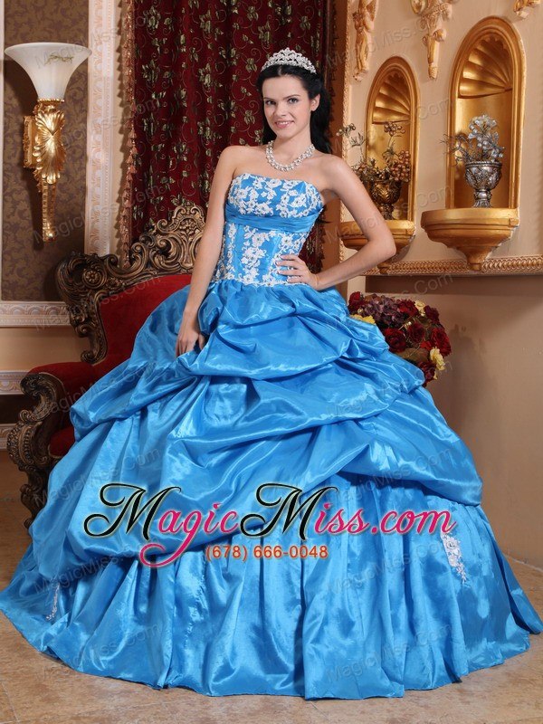 wholesale baby blue ball gown strapless floor-length taffeta appliques quinceanera dress