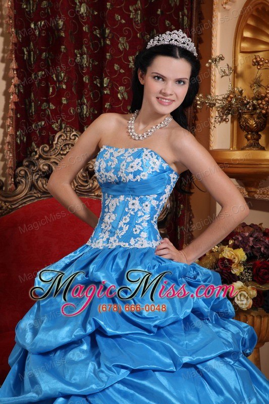 wholesale baby blue ball gown strapless floor-length taffeta appliques quinceanera dress