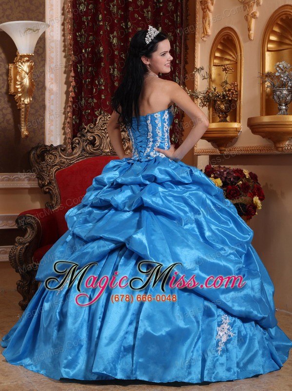 wholesale baby blue ball gown strapless floor-length taffeta appliques quinceanera dress