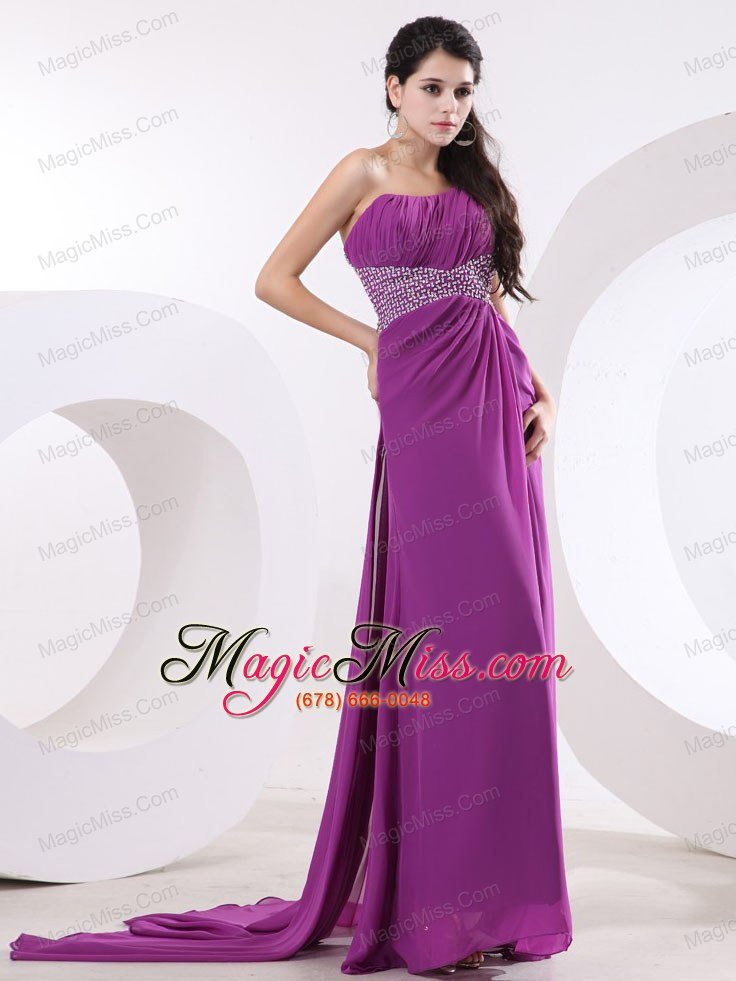 wholesale fuchsia prom / evening dress with one shoulder beaded and high slit watteau train