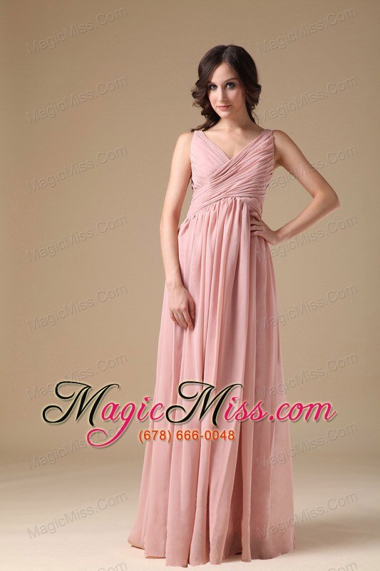 wholesale pink empire v-neck floor-length chiffon ruch prom dress
