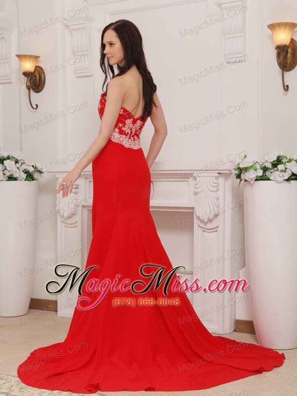 wholesale red column sweetheart brush train chiffon appliques prom / pageant dress