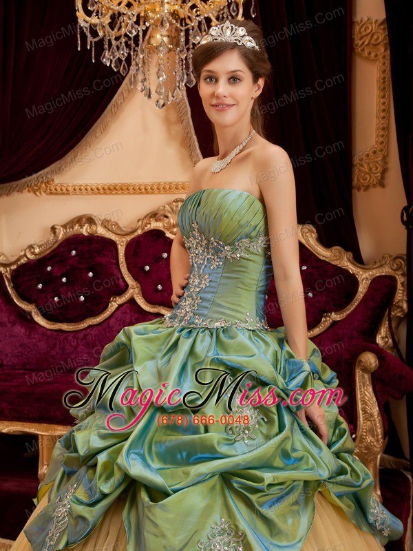 wholesale olive green ball gown strapless floor-length taffeta and tulle beading quinceanera dress