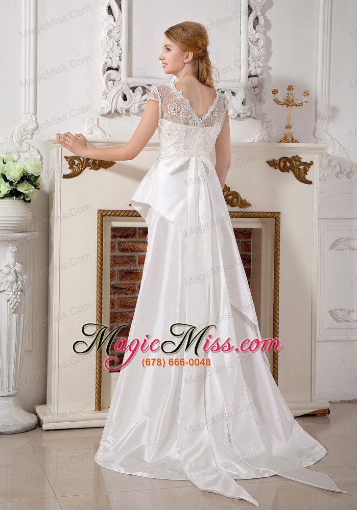 wholesale popular a-line strapless brush train satin beading and bowknot wedding dress