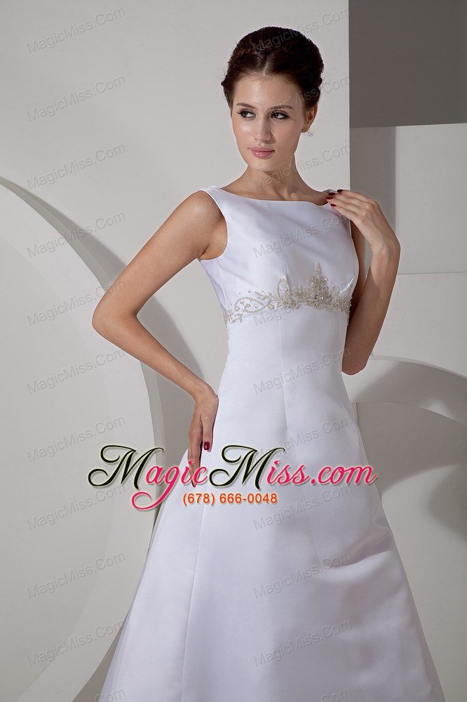 wholesale low price a-line scoop court train satin appliques wedding dress