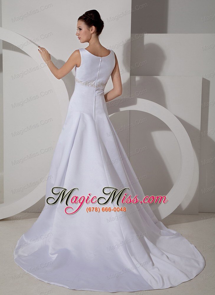 wholesale low price a-line scoop court train satin appliques wedding dress