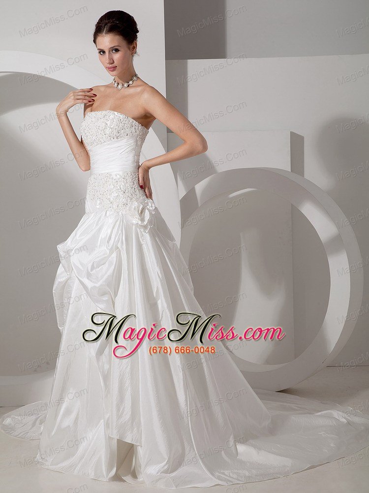 wholesale unique a-line strapless court train taffeta appliques wedding dress