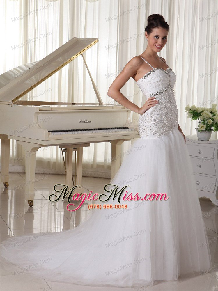 wholesale spaghetti straps taffeta and tulle a-line wedding dress with beaded decorate up bodice court train