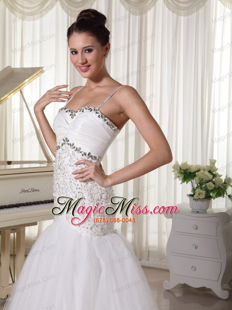 wholesale spaghetti straps taffeta and tulle a-line wedding dress with beaded decorate up bodice court train