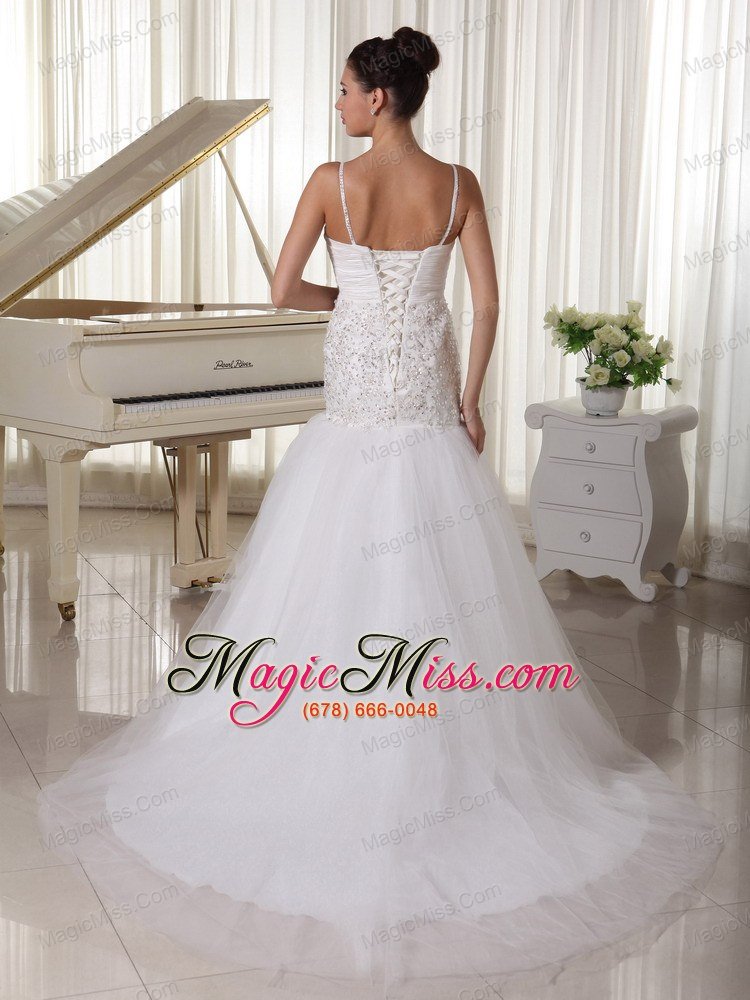 wholesale spaghetti straps taffeta and tulle a-line wedding dress with beaded decorate up bodice court train