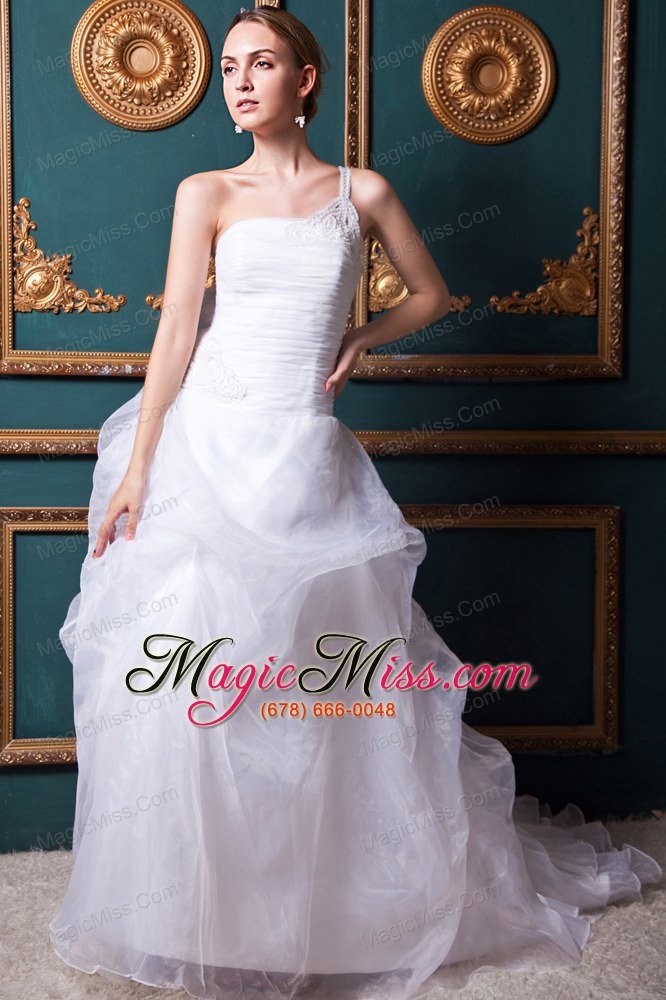 wholesale beautiful a-line one shoulder court train organza appliques wedding dress