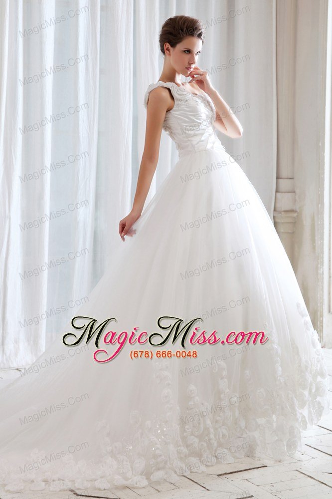 wholesale unique princess one shoulder court train tulle beading and appliques wedding dress