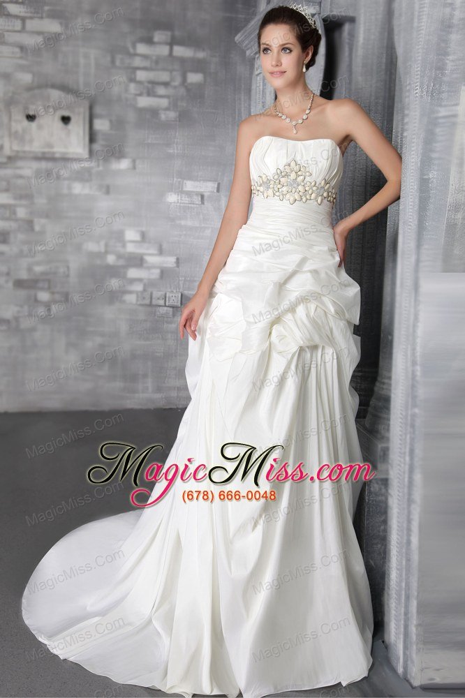 wholesale romantic column/sheath strapless court train taffeta beading wedding dress