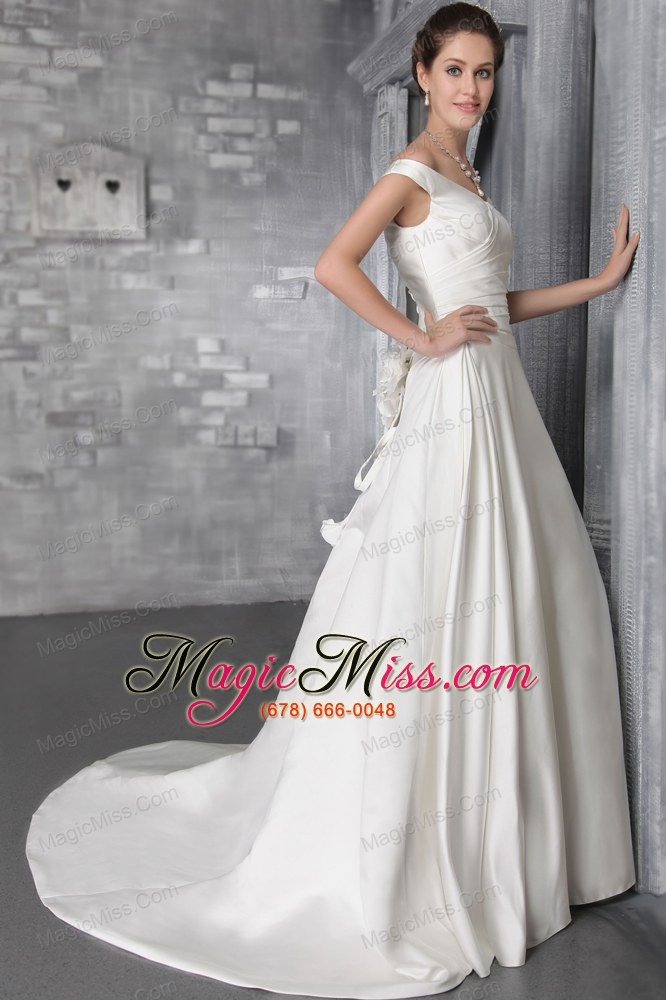 wholesale white column/sheath off the shoulder court train satin pleat wedding dress