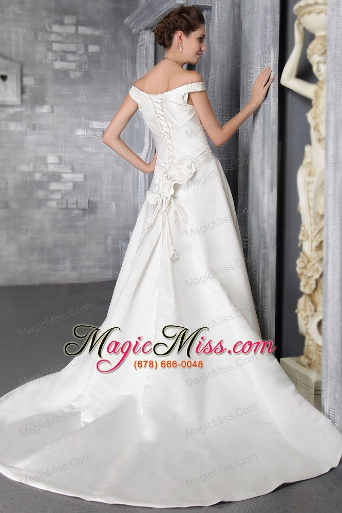 wholesale white column/sheath off the shoulder court train satin pleat wedding dress