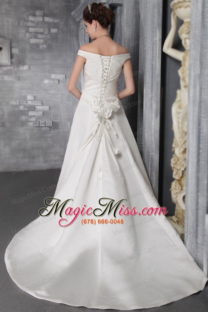 wholesale white column/sheath off the shoulder court train satin pleat wedding dress