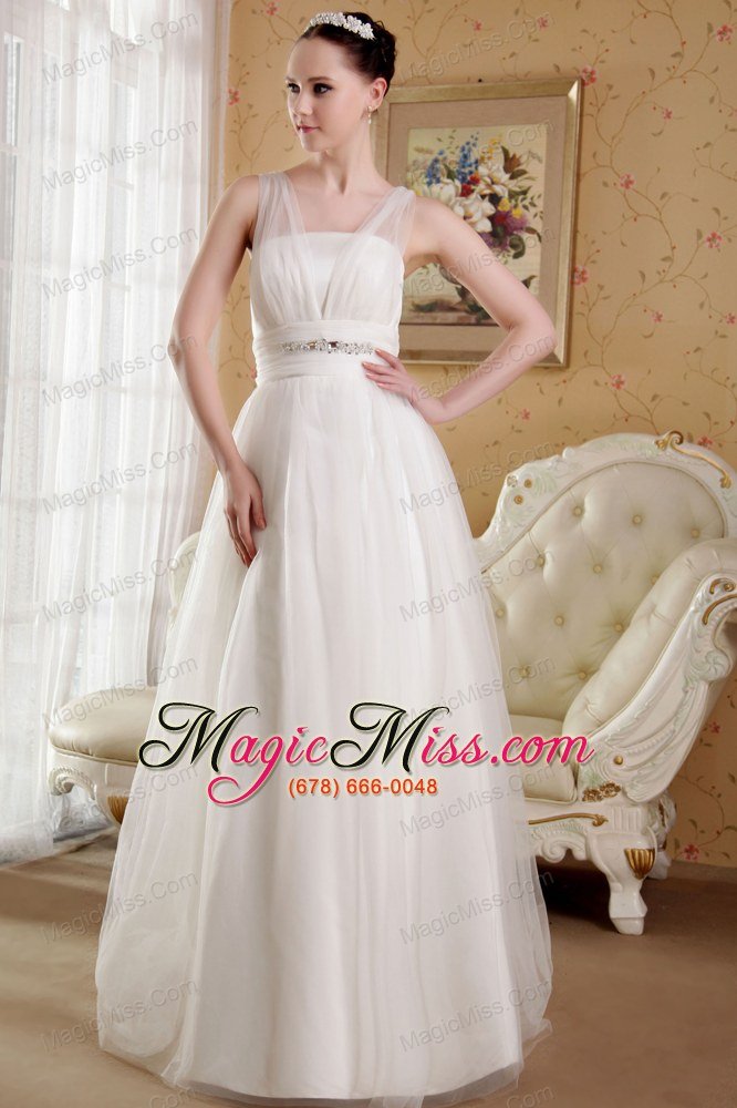 wholesale white a-line / princess v-neck brush train satin and organza beading wedding dress