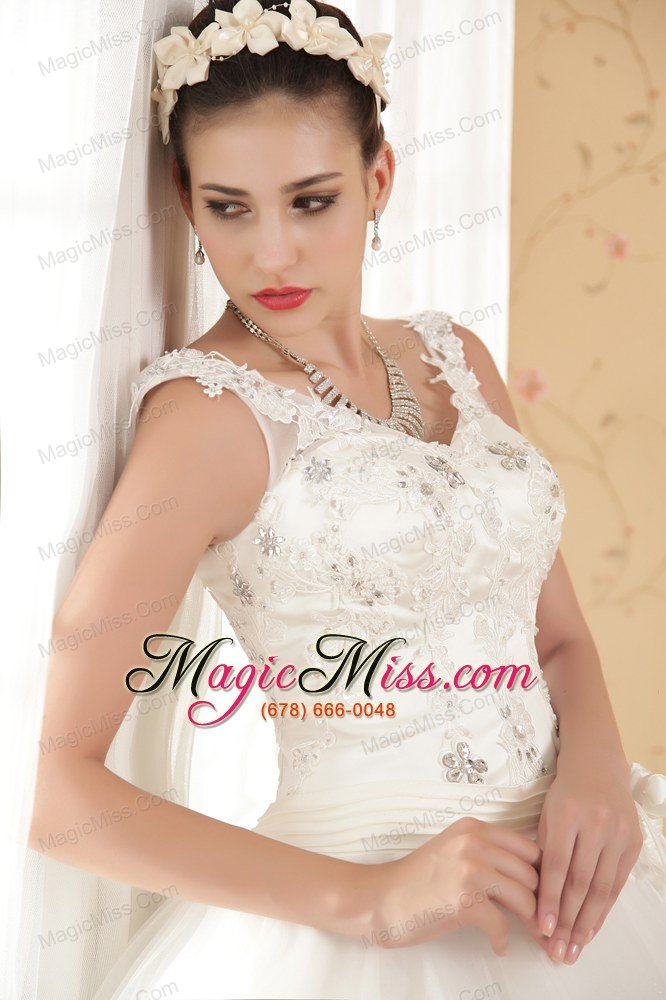 wholesale simple a-line v-neck floor-length tulle and taffeta appliques wedding dress