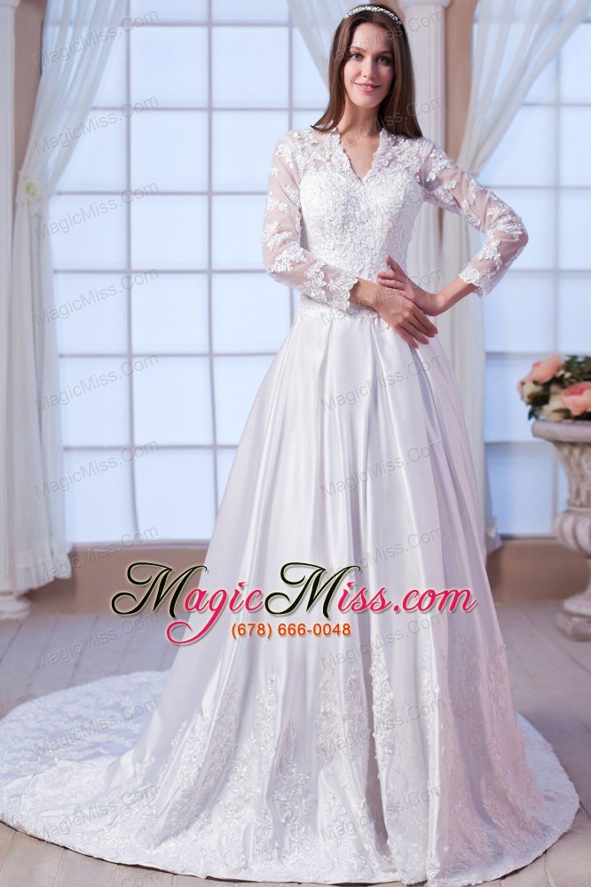 wholesale luxurious a-line v-neck chapel train satin lace and appliques wedding dress