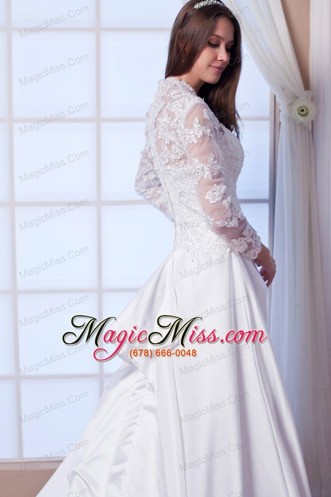 wholesale luxurious a-line v-neck chapel train satin lace and appliques wedding dress