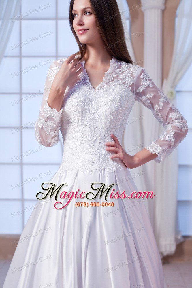 wholesale luxurious a-line v-neck chapel train satin lace and appliques wedding dress