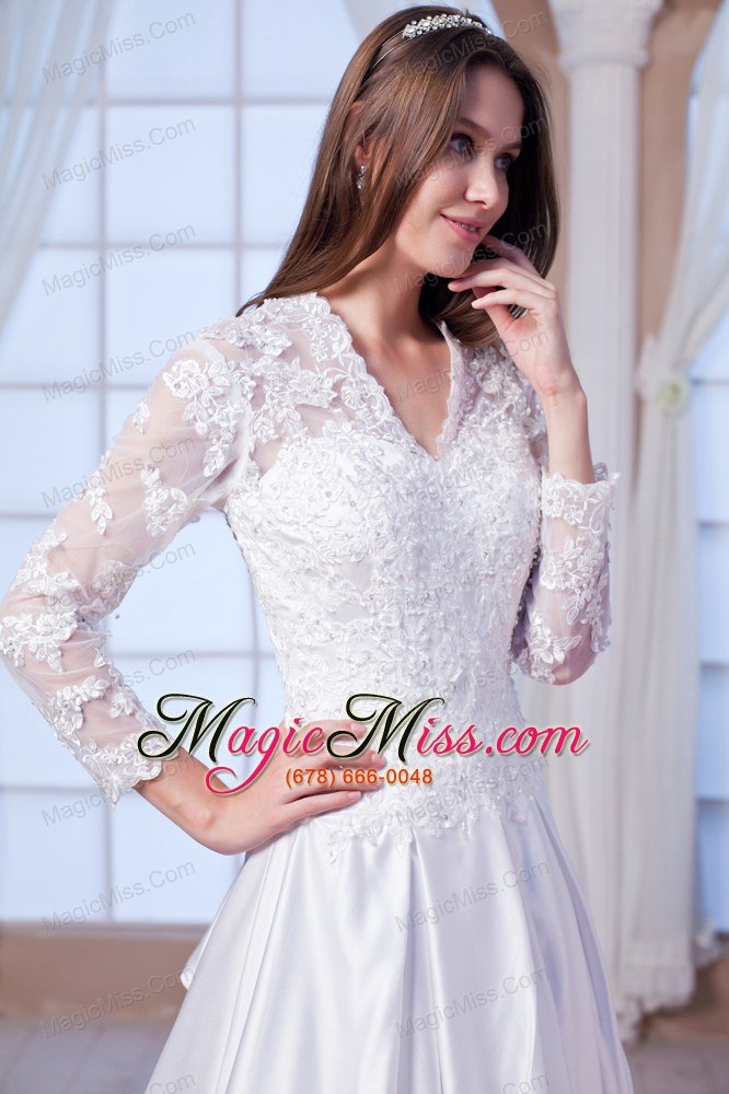 wholesale luxurious a-line v-neck chapel train satin lace and appliques wedding dress