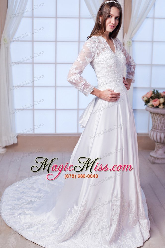 wholesale luxurious a-line v-neck chapel train satin lace and appliques wedding dress