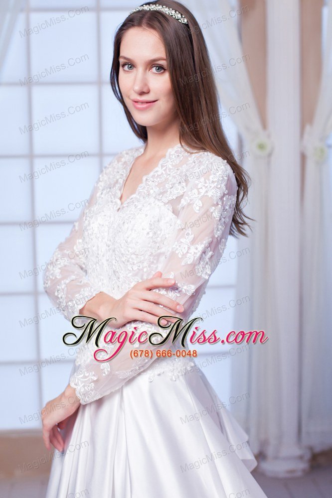 wholesale luxurious a-line v-neck chapel train satin lace and appliques wedding dress