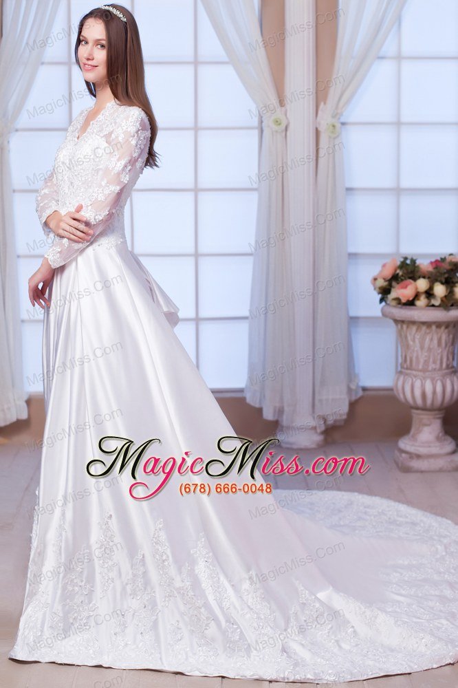 wholesale luxurious a-line v-neck chapel train satin lace and appliques wedding dress