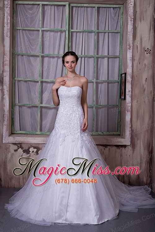 wholesale custom made a-line strapless court train taffeta and tulle appliques wedding dress