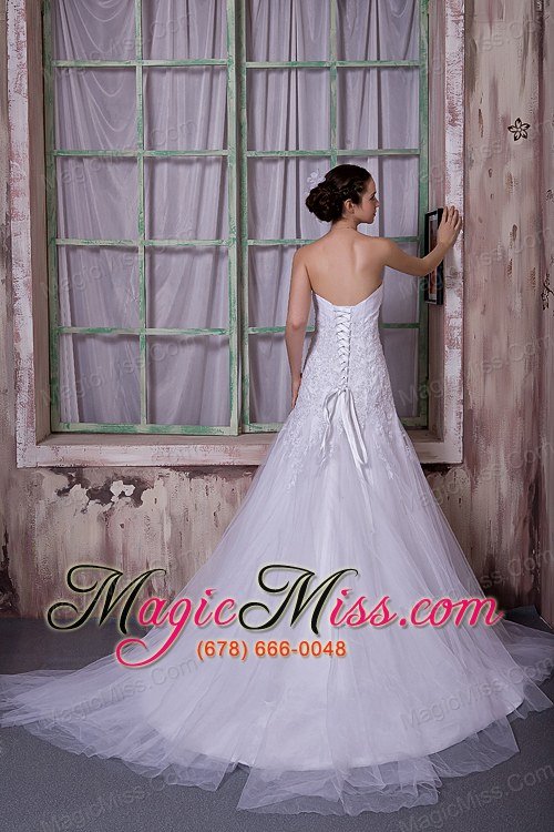 wholesale custom made a-line strapless court train taffeta and tulle appliques wedding dress