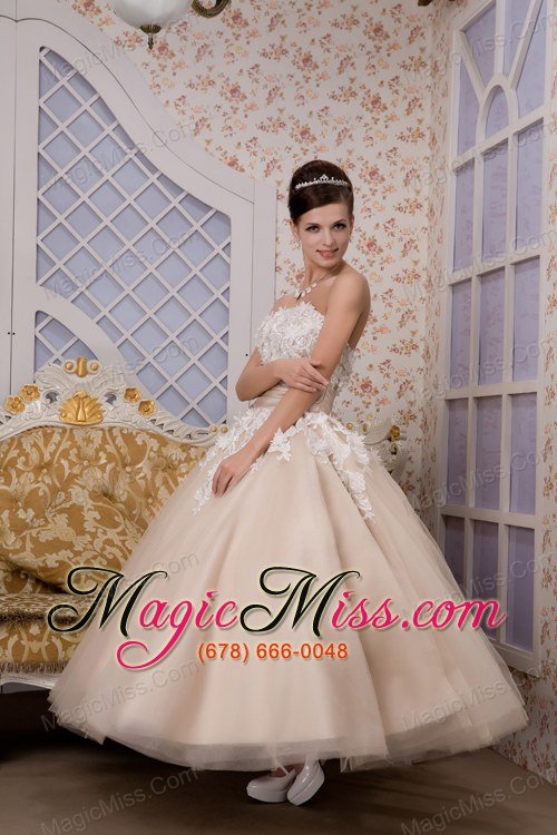 wholesale beautiful a-line strapless ankle-length tulle appliques wedding dress