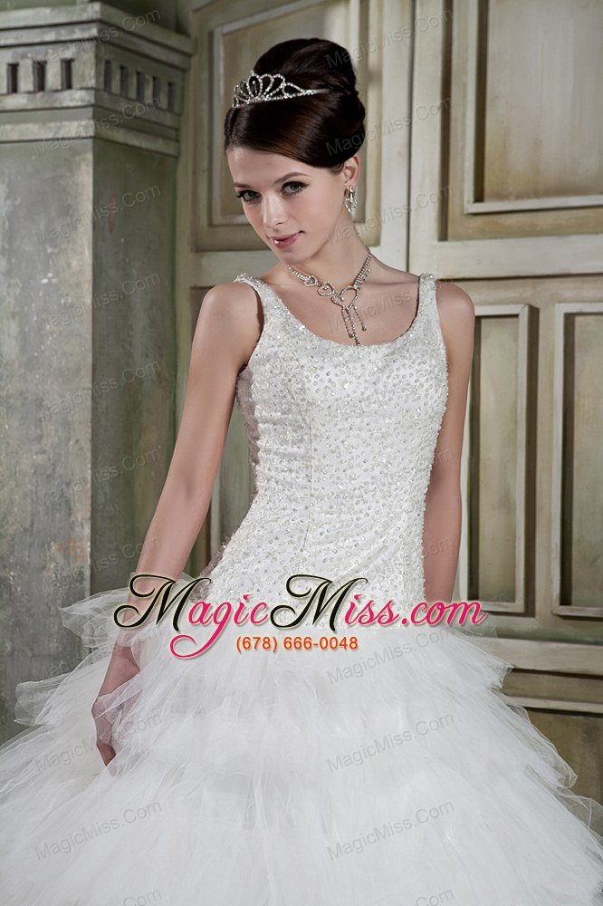 wholesale modest ball gown scoop brush train tulle beading wedding dress