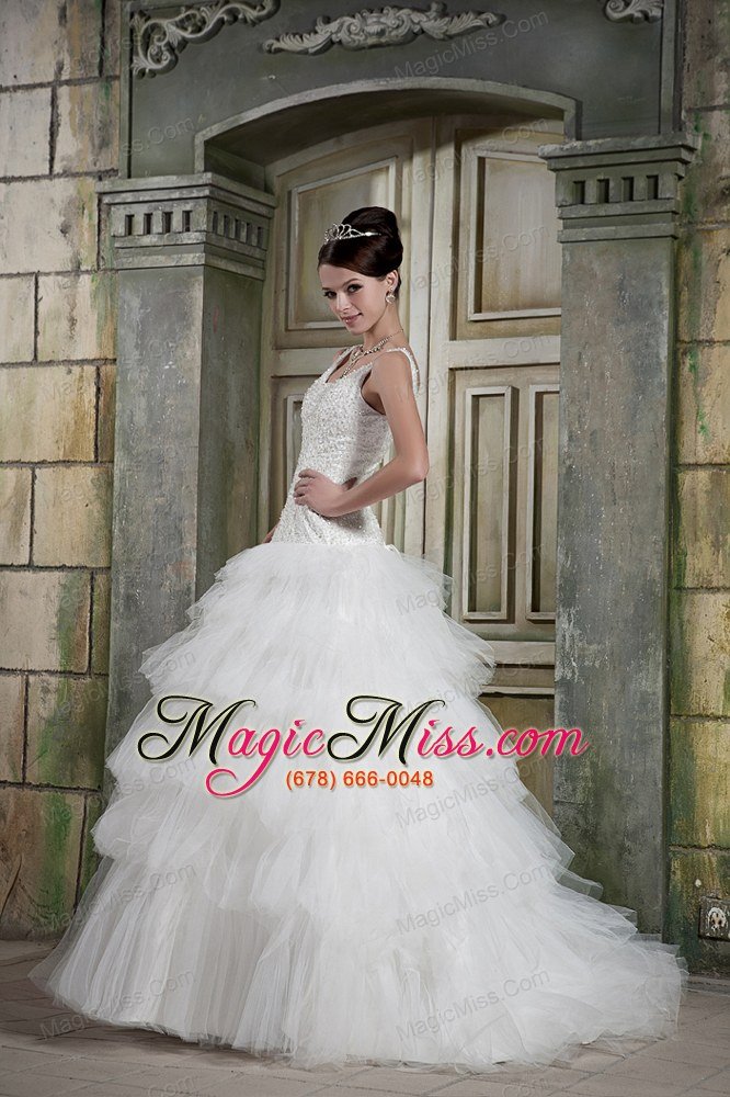 wholesale modest ball gown scoop brush train tulle beading wedding dress