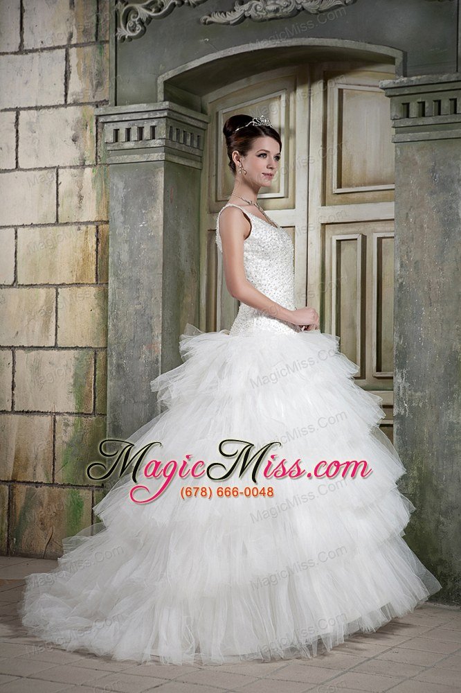 wholesale modest ball gown scoop brush train tulle beading wedding dress