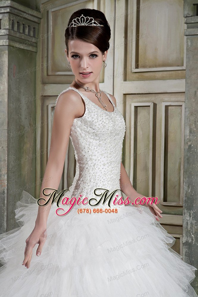 wholesale modest ball gown scoop brush train tulle beading wedding dress