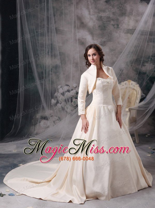 wholesale champagne a-line sweetheart chapel train satin appliques wedding dress