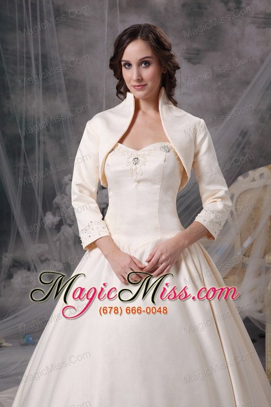 wholesale champagne a-line sweetheart chapel train satin appliques wedding dress