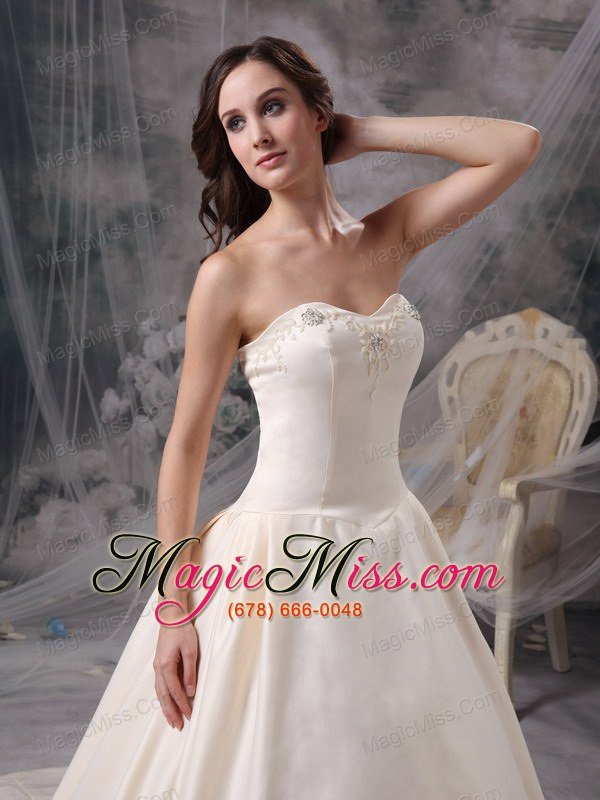 wholesale champagne a-line sweetheart chapel train satin appliques wedding dress