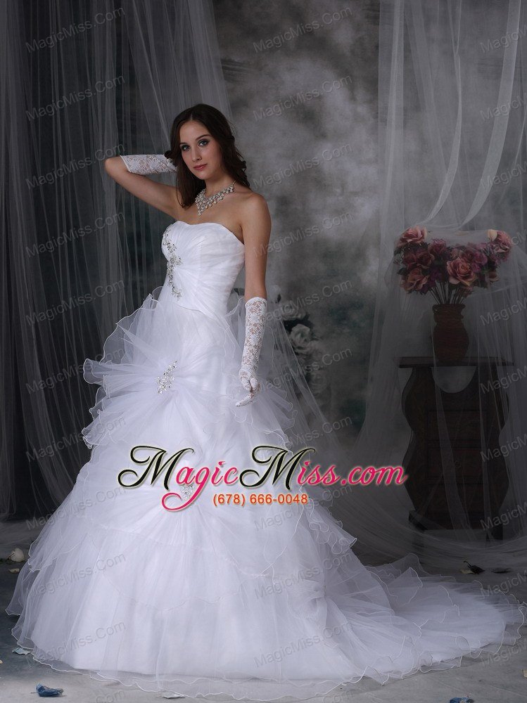 wholesale luxurious a-line strapless court train taffeta and organza beading and hand made flowers wedding dress