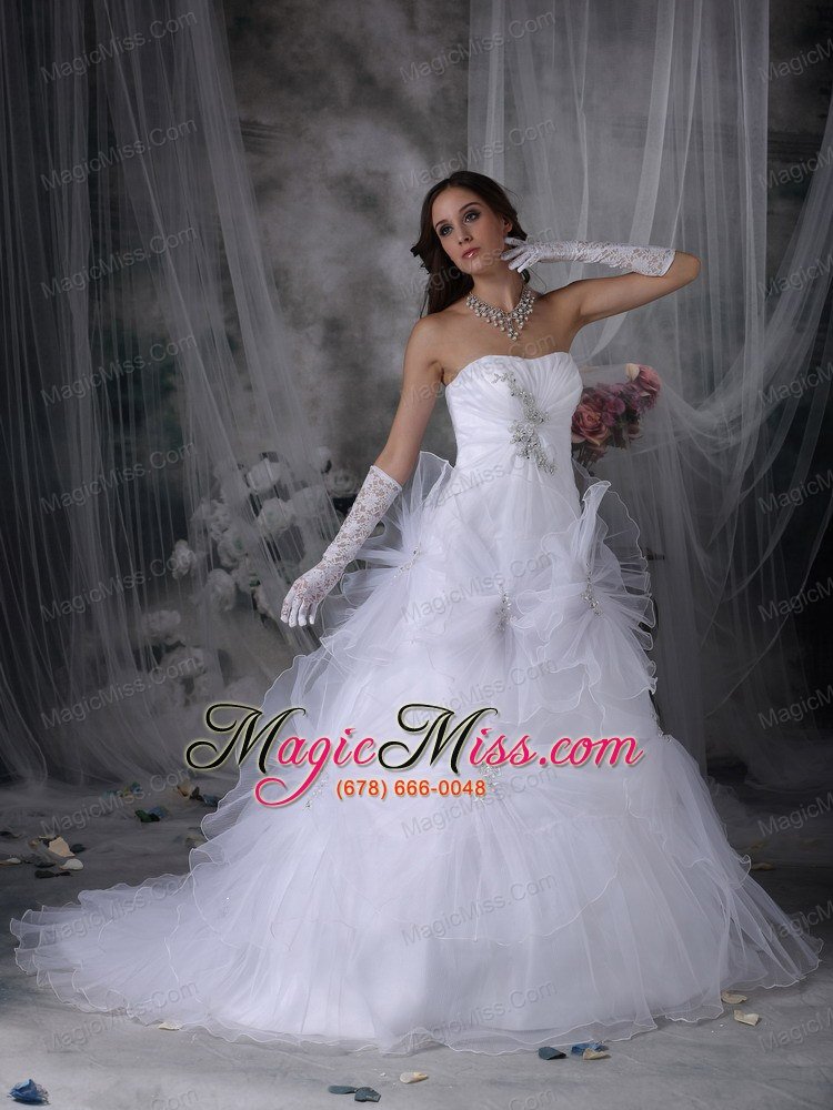 wholesale luxurious a-line strapless court train taffeta and organza beading and hand made flowers wedding dress