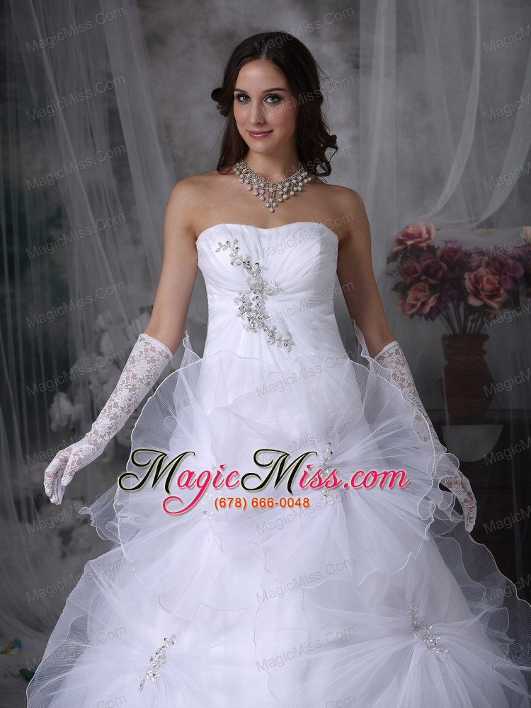 wholesale luxurious a-line strapless court train taffeta and organza beading and hand made flowers wedding dress