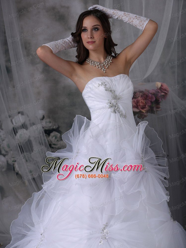 wholesale luxurious a-line strapless court train taffeta and organza beading and hand made flowers wedding dress