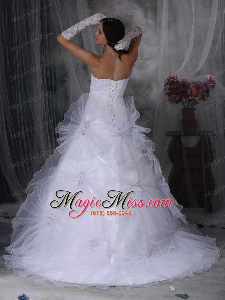 wholesale luxurious a-line strapless court train taffeta and organza beading and hand made flowers wedding dress