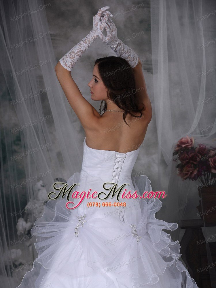 wholesale luxurious a-line strapless court train taffeta and organza beading and hand made flowers wedding dress